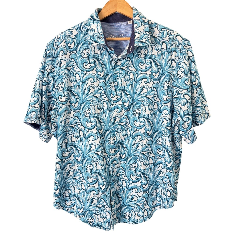 Robert Graham Mens Baroque Scroll Print Button Down Shirt 1XL Blue Short Sleeve